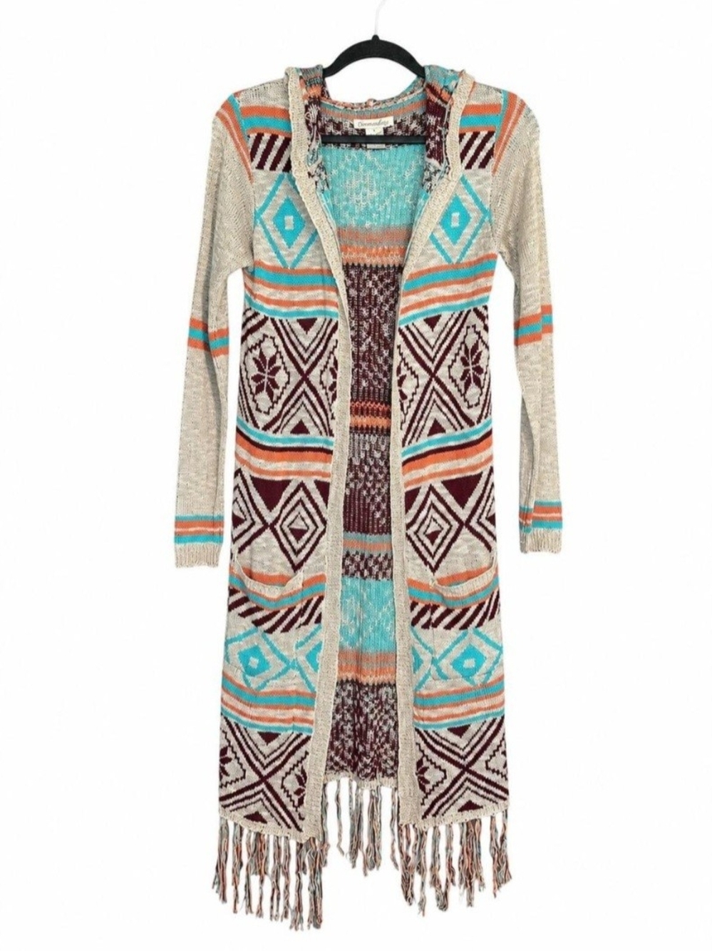 Boho Open-Front Fringe Cardigan Hoodie - Turquoise Multi